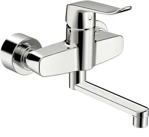 Chromene Waschtischarmatur von HANSA mit einem langen Bedienungshebel und Auslauf. Design eignet sich für moderne Badezimmer.